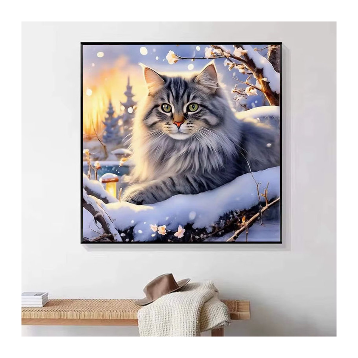 HUACAN 5D Diamant-Malerei Set Winter-Katze als mehrfarbige Strass-Leinwand zur Wanddekoration - Bild 4