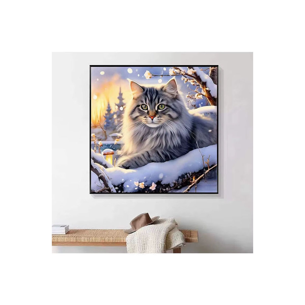 HUACAN 5D Diamant-Malerei Set Winter-Katze als mehrfarbige Strass-Leinwand zur Wanddekoration - Bild 5