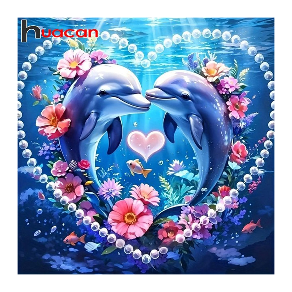 Huacan 5D Diamantmalerei Bastelset Delfine mit Herz und Blumen in Mehrfarbig - Bild 1