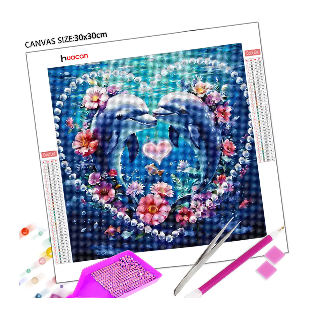 Huacan 5D Diamantmalerei Bastelset Delfine mit Herz und Blumen in Mehrfarbig - Bild 2