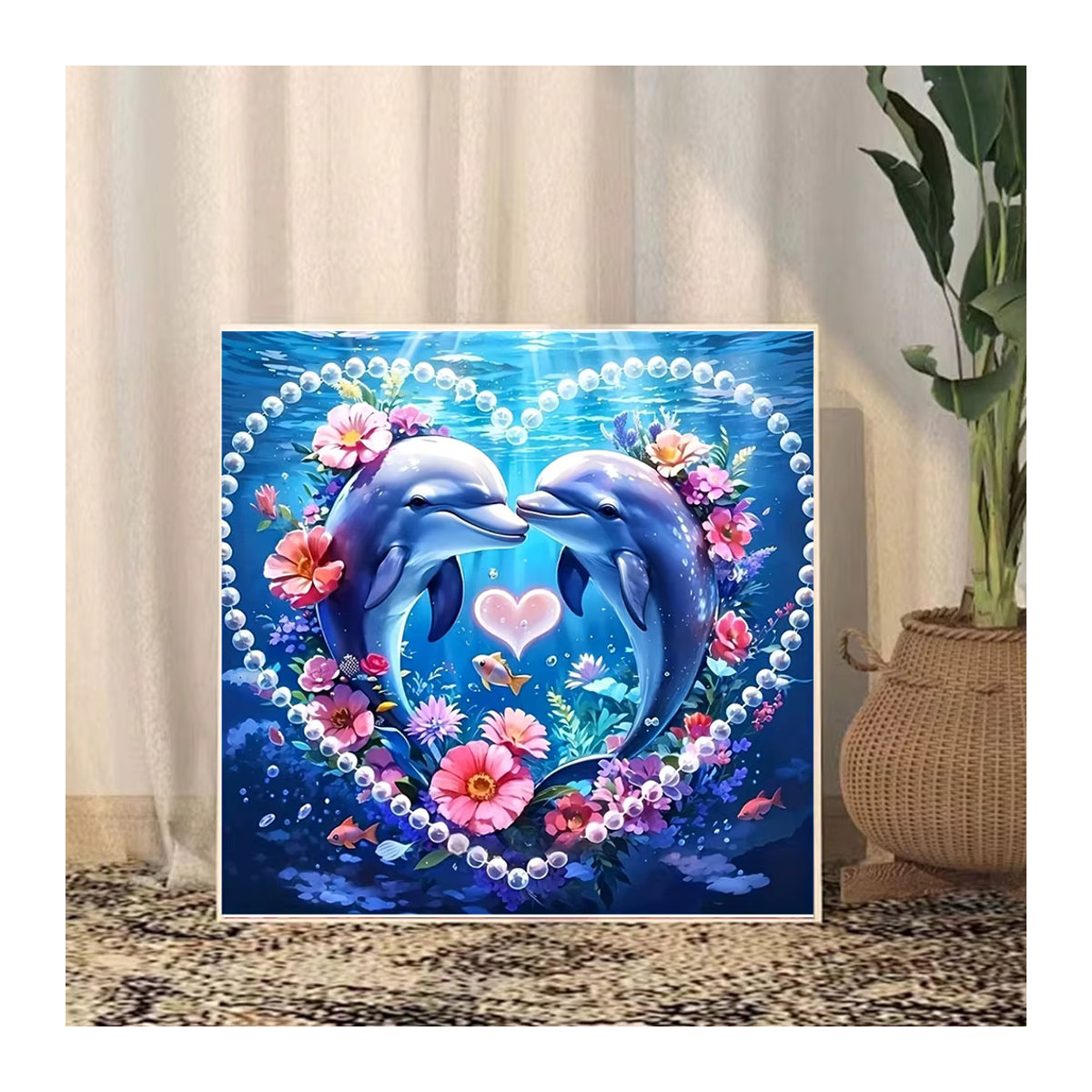Huacan 5D Diamantmalerei Bastelset Delfine mit Herz und Blumen in Mehrfarbig - Bild 3