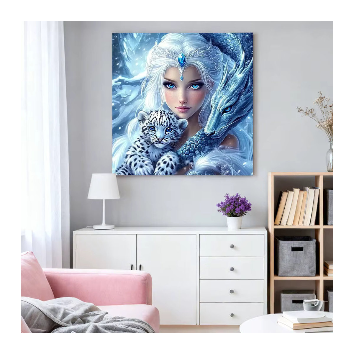 HUACAN 5D Diamantmalerei Frau mit Leopard Tier Motiv in Blau, Runde Wanddekoration als Diamantstickerei mit Strass - Bild 3