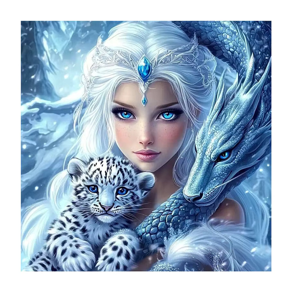 HUACAN 5D Diamantmalerei Frau mit Leopard Tier Motiv in Blau, Runde Wanddekoration als Diamantstickerei mit Strass - Bild 5