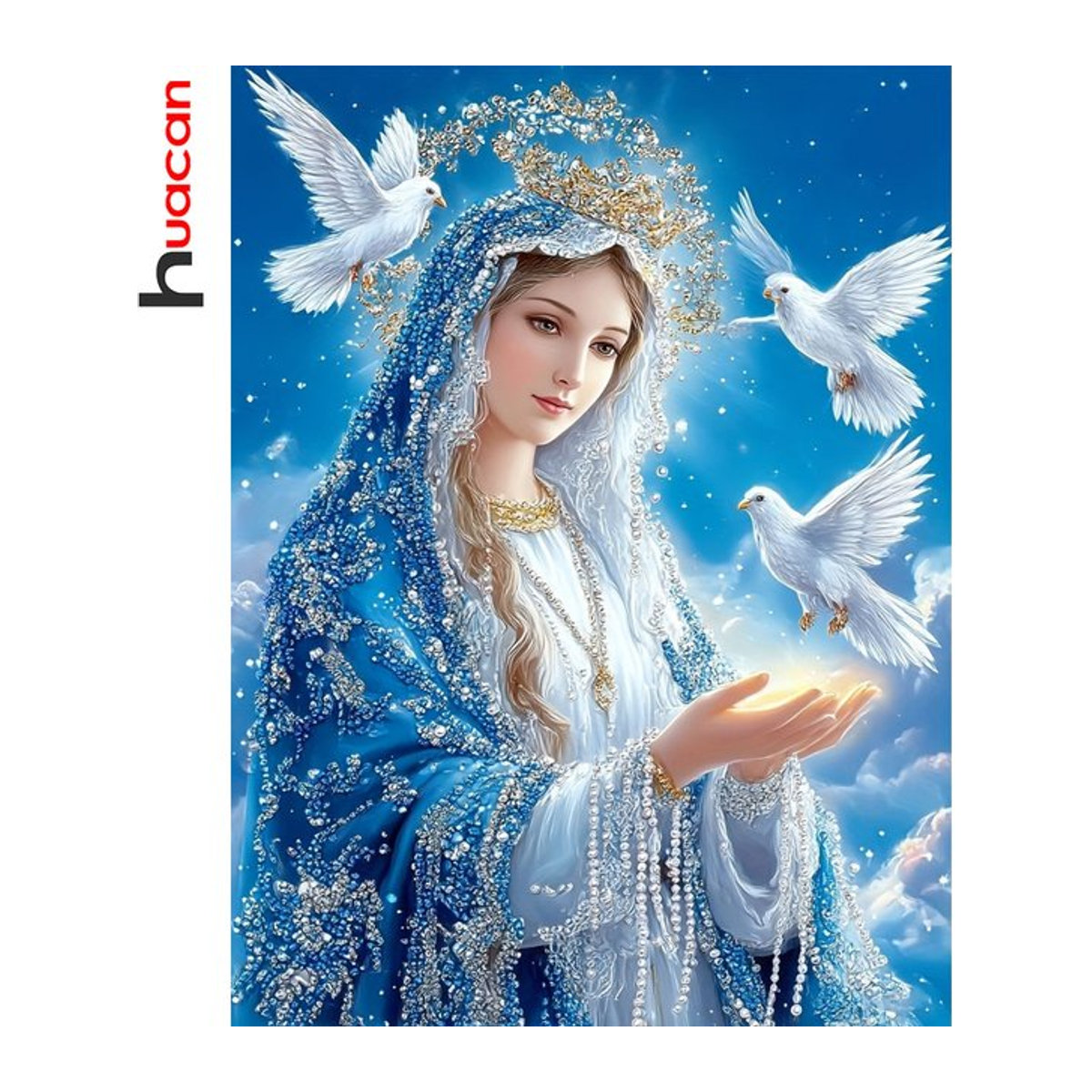 Huacan 5D Diamantmalerei Jungfrau Maria mit Vogel als religiöses Mosaik-Porträt in Blau für deine Heimdekoration - Bild 1