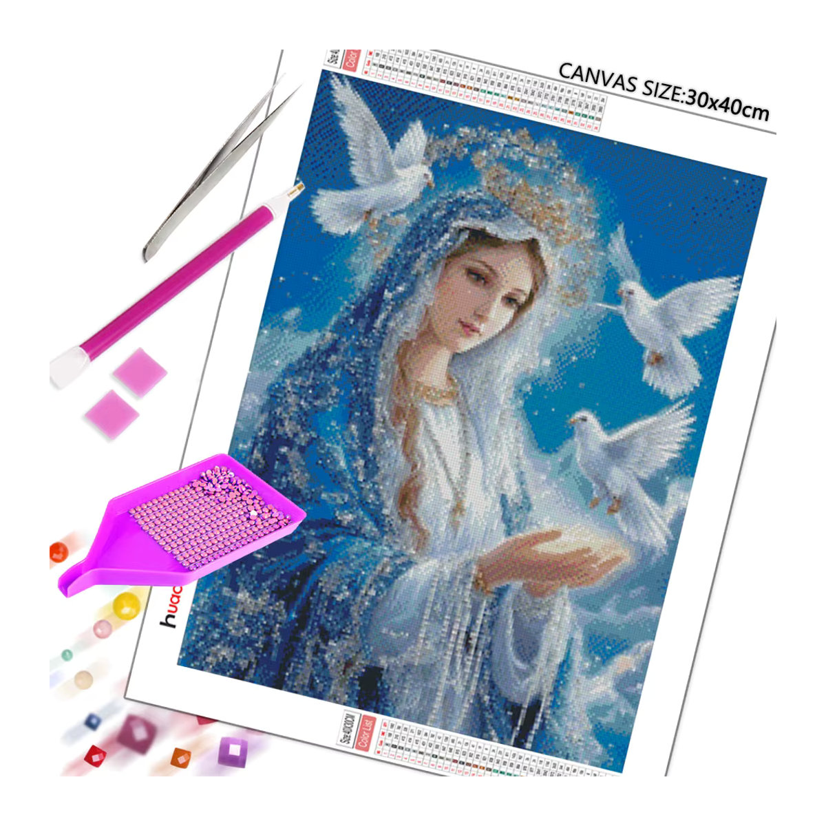 Huacan 5D Diamantmalerei Jungfrau Maria mit Vogel als religiöses Mosaik-Porträt in Blau für deine Heimdekoration - Bild 2