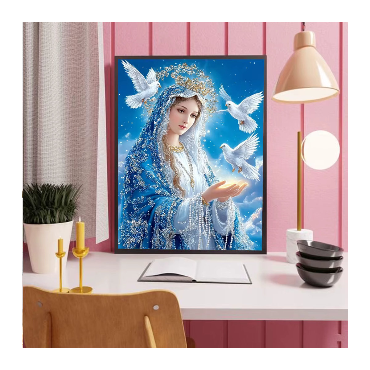 Huacan 5D Diamantmalerei Jungfrau Maria mit Vogel als religiöses Mosaik-Porträt in Blau für deine Heimdekoration - Bild 3