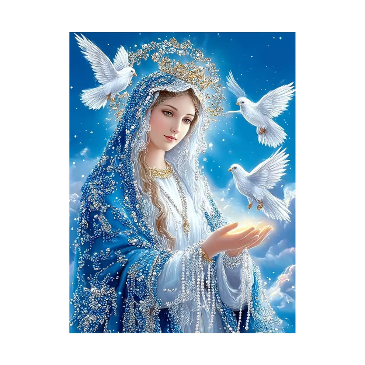 Huacan 5D Diamantmalerei Jungfrau Maria mit Vogel als religiöses Mosaik-Porträt in Blau für deine Heimdekoration - Bild 4