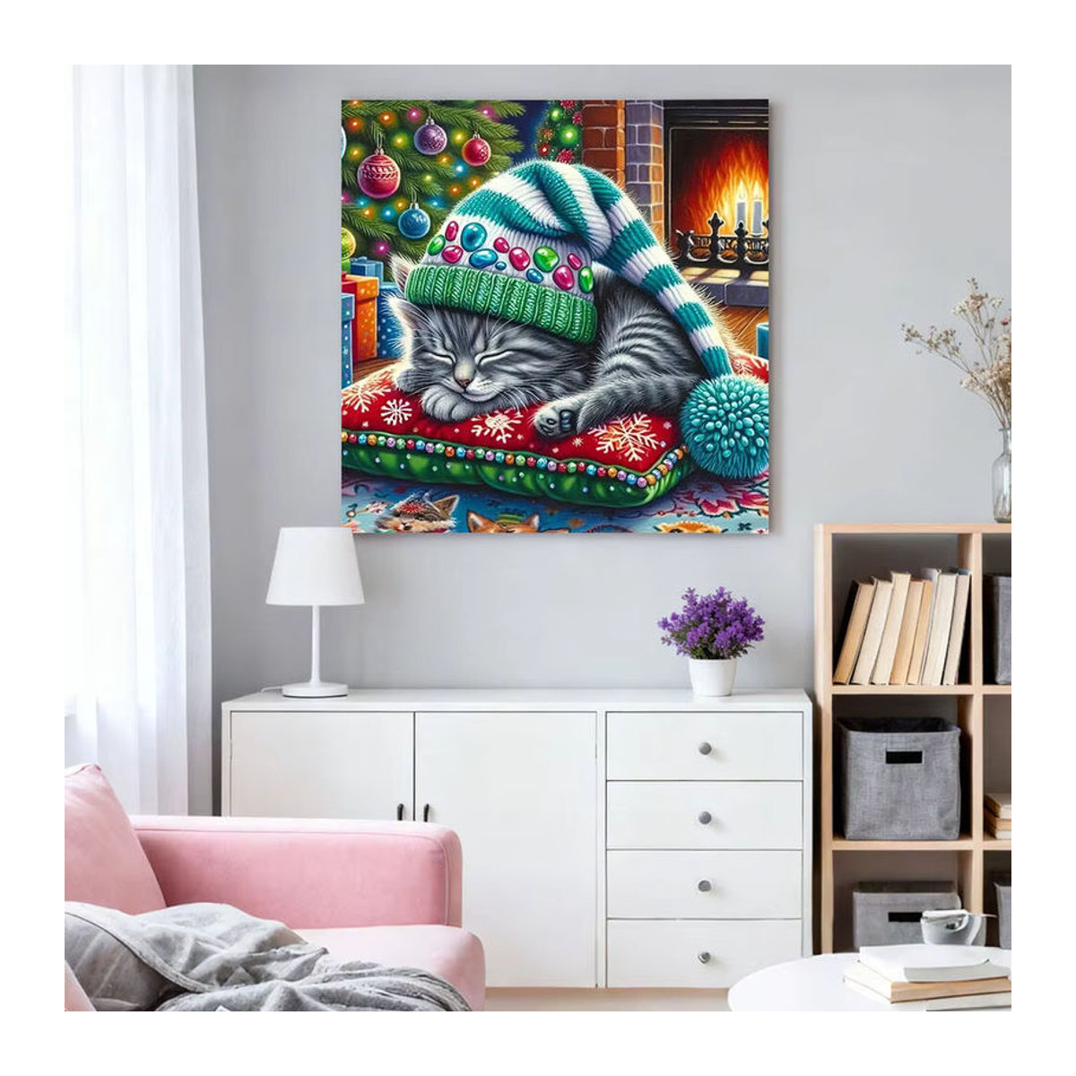 HUACAN 5D Diamantmalerei Katze Weihnachten Rund Mehrfarbig Diamant Mosaik Tier Kreuzstich Wanddekoration - Bild 3
