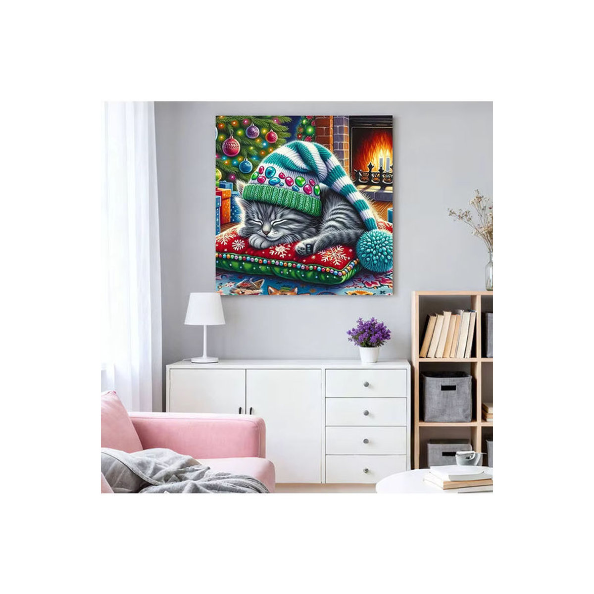 HUACAN 5D Diamantmalerei Katze Weihnachten Rund Mehrfarbig Diamant Mosaik Tier Kreuzstich Wanddekoration - Bild 4