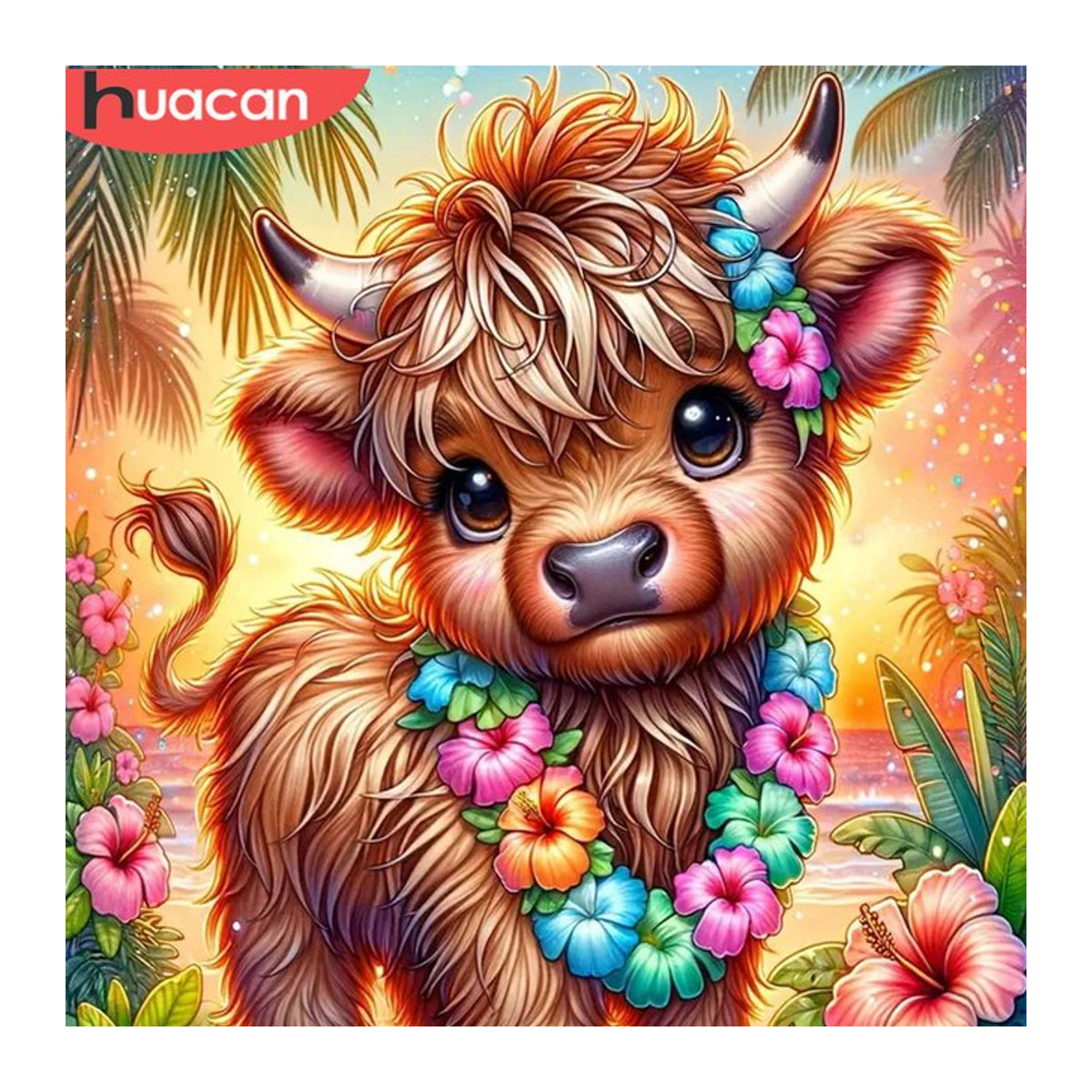 Huacan 5D Diamantmalerei Kuh Motiv als rundes Mosaik-Tierbild mit Lilien in Mehrfarbig als DIY-Set - Bild 1