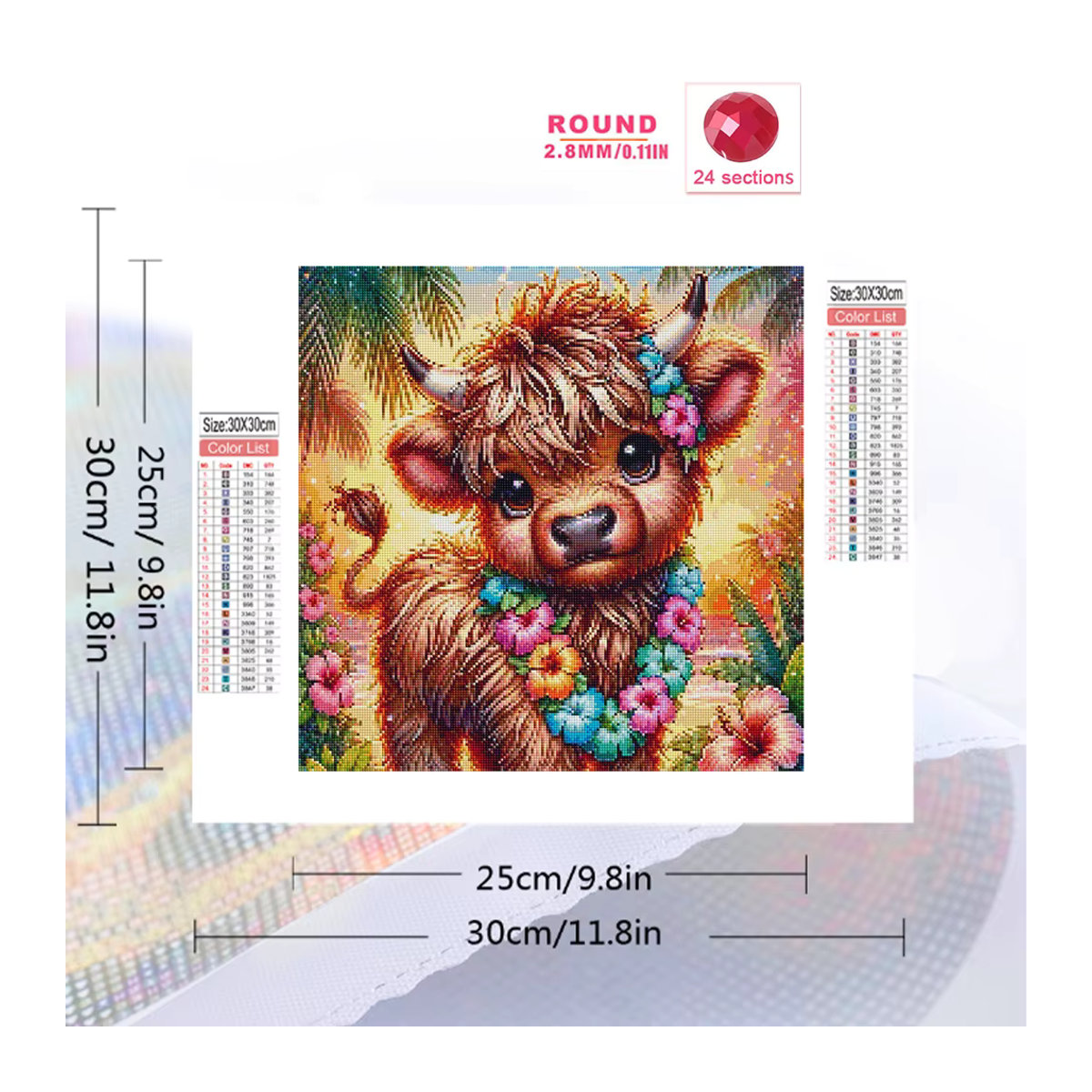 Huacan 5D Diamantmalerei Kuh Motiv als rundes Mosaik-Tierbild mit Lilien in Mehrfarbig als DIY-Set - Bild 2