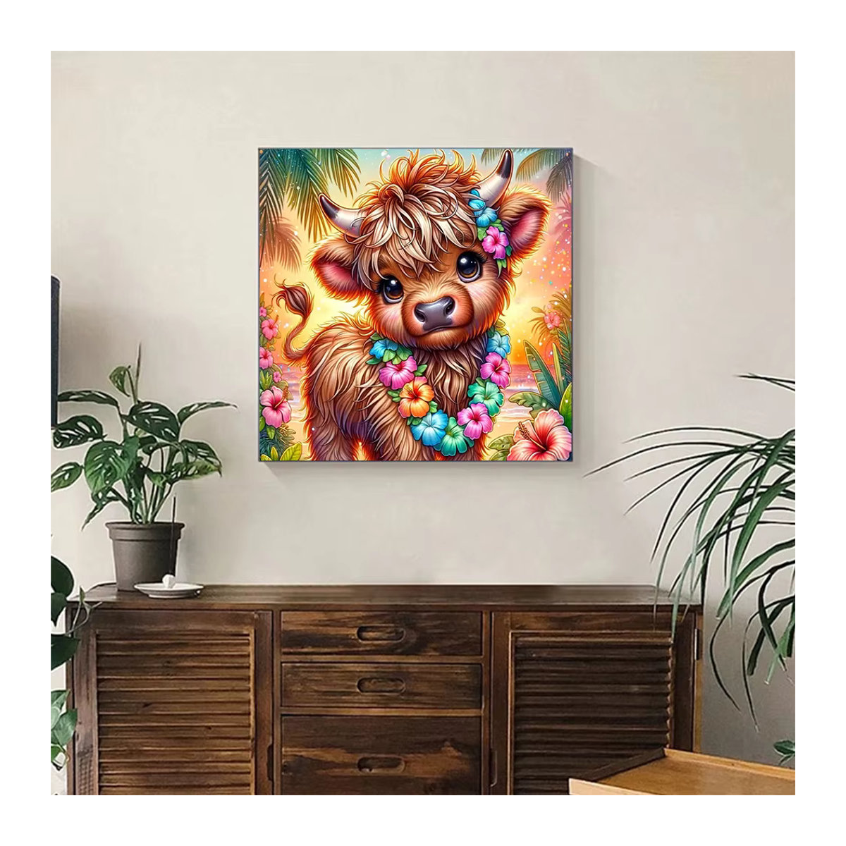 Huacan 5D Diamantmalerei Kuh Motiv als rundes Mosaik-Tierbild mit Lilien in Mehrfarbig als DIY-Set - Bild 3