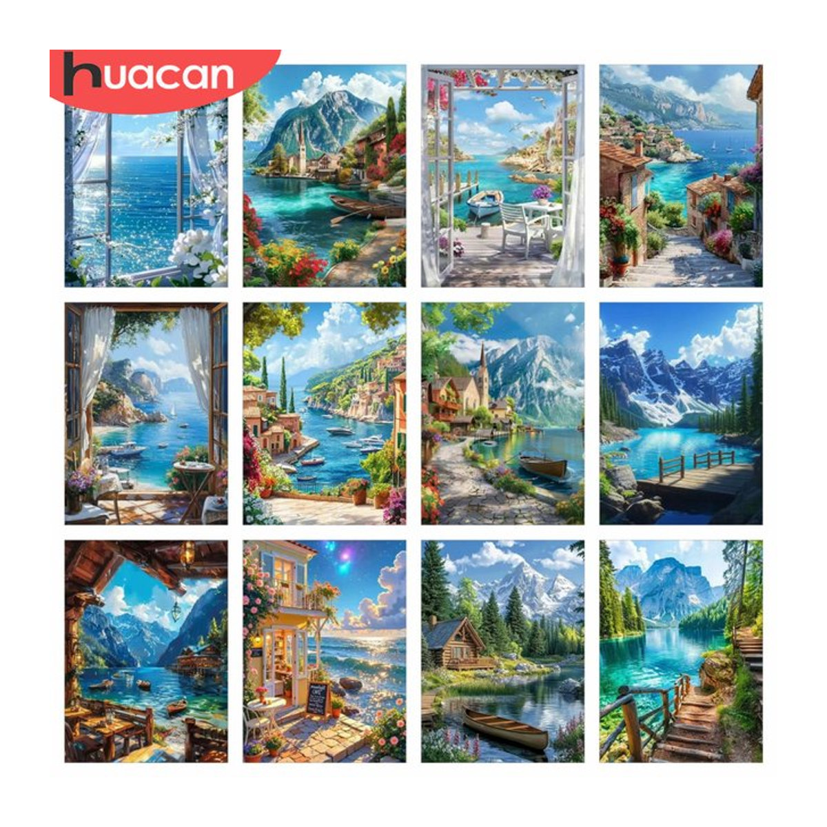 HUACAN 5D Diamantmalerei Maritimes Mosaik Set mit Küstenlandschaft, Boot und Stadt, Mehrfarbig, Durchmesser: 30 cm - Bild 1