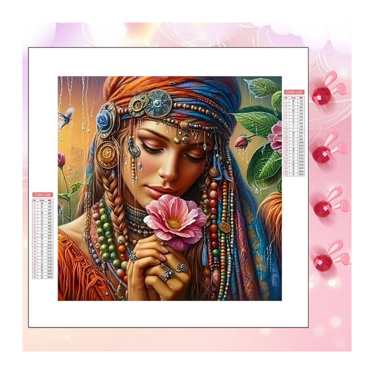 HUACAN 5D Diamantmalerei Rundes Frauen Porträt mit Blumen im Bohemian Stil, Mehrfarbig, Rahmenlos zur Wandmontage - Bild 1