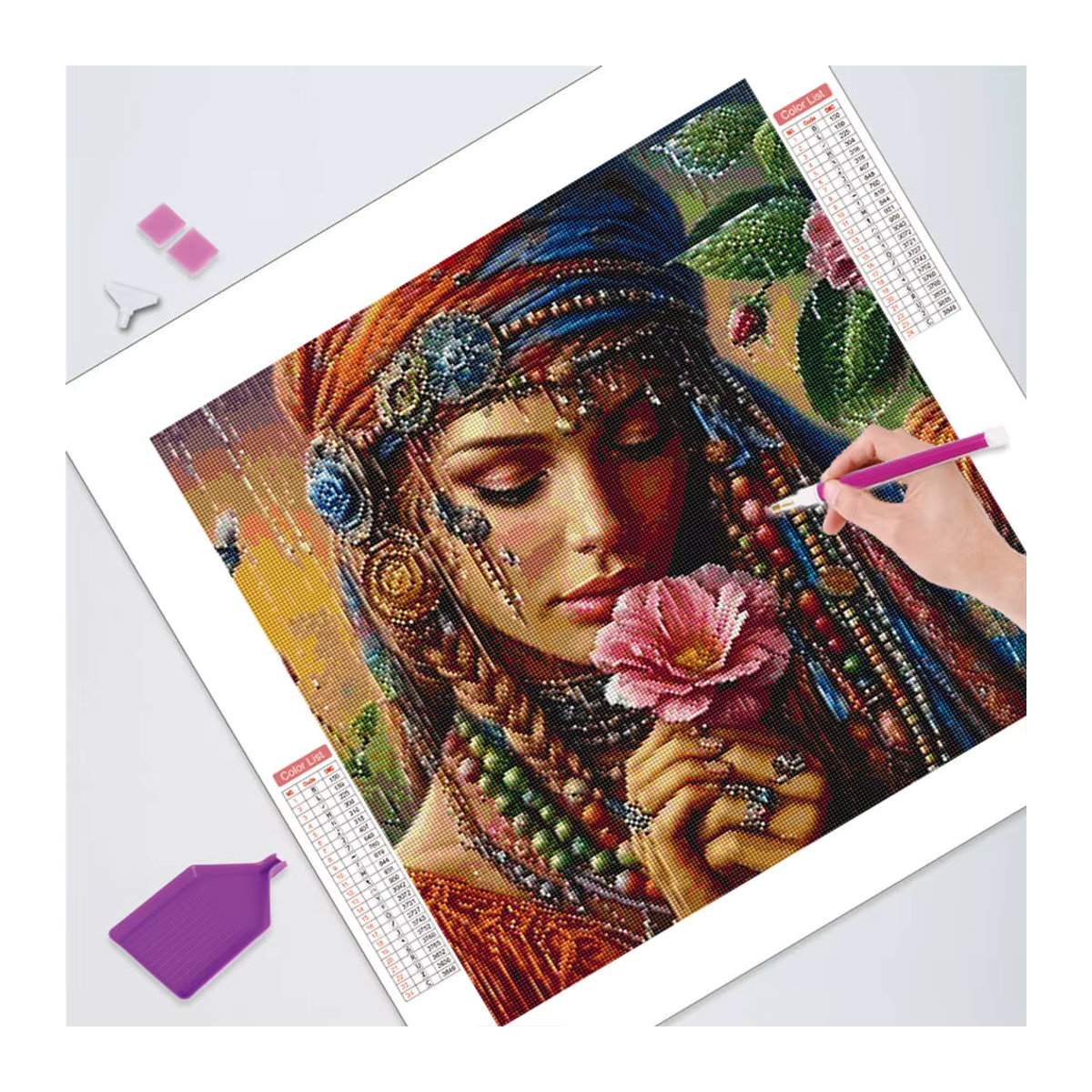 HUACAN 5D Diamantmalerei Rundes Frauen Porträt mit Blumen im Bohemian Stil, Mehrfarbig, Rahmenlos zur Wandmontage - Bild 3