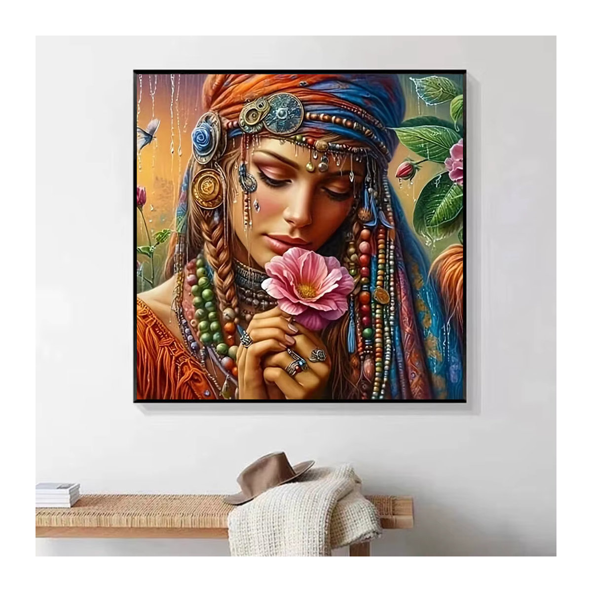 HUACAN 5D Diamantmalerei Rundes Frauen Porträt mit Blumen im Bohemian Stil, Mehrfarbig, Rahmenlos zur Wandmontage - Bild 4