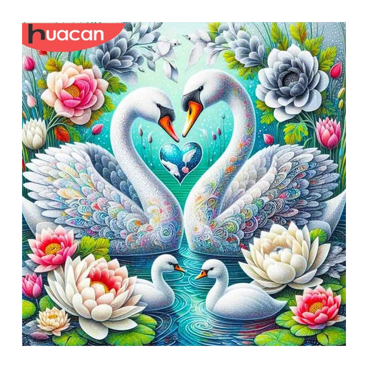 Huacan 5D Diamantmalerei Schwan Mosaik Set mit Blumen in Mehrfarbig zur Wanddekoration - Bild 1