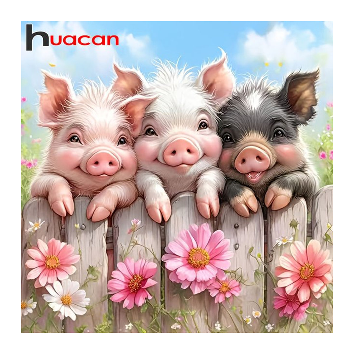 Huacan 5D Diamantmalerei Set Schweine mit Blumen in Mehrfarbig, Rundes Stickerei-Set für deine Dekoration - Bild 1