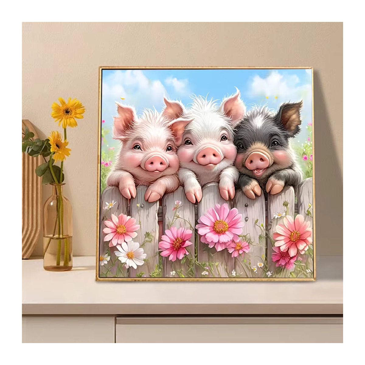 Huacan 5D Diamantmalerei Set Schweine mit Blumen in Mehrfarbig, Rundes Stickerei-Set für deine Dekoration - Bild 2