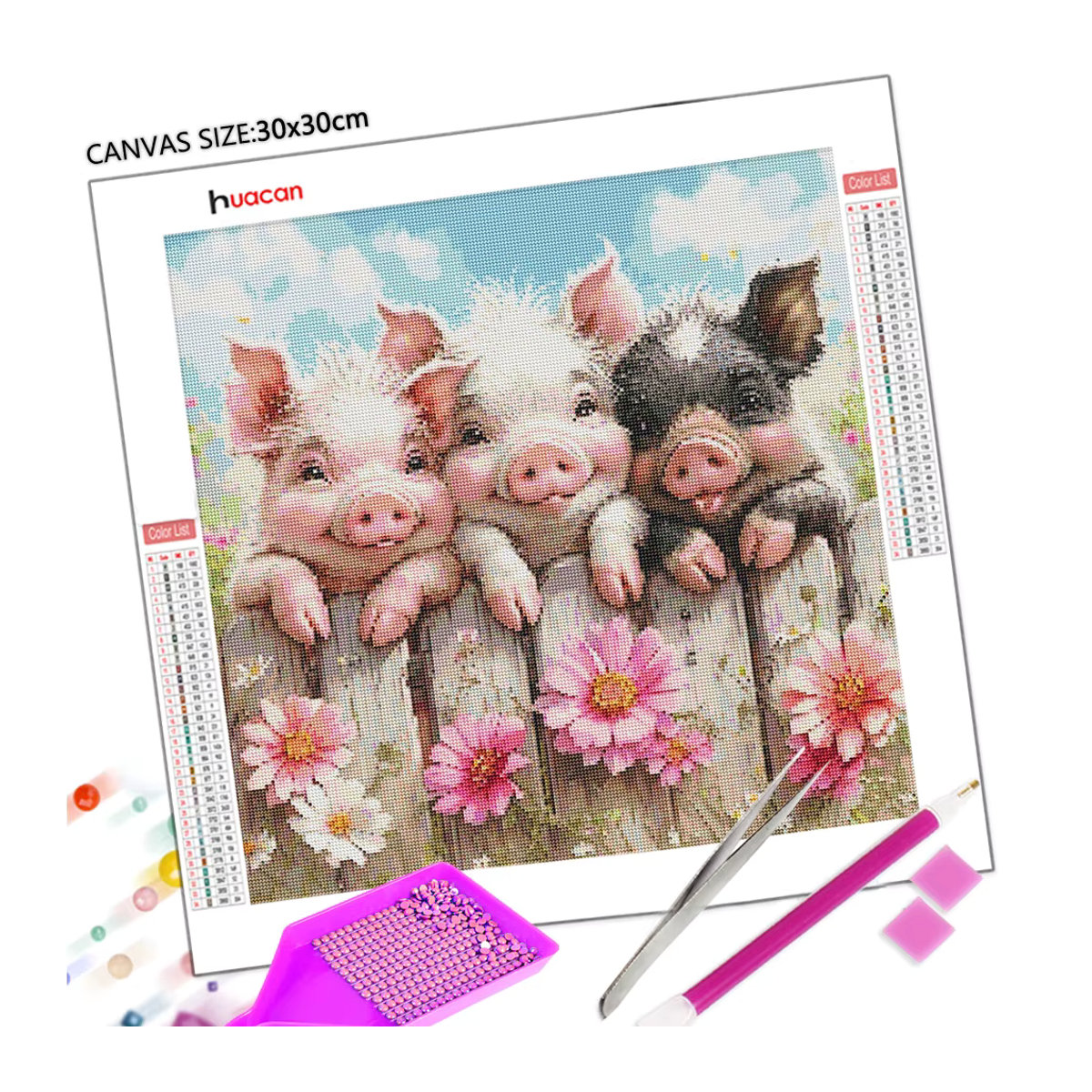 Huacan 5D Diamantmalerei Set Schweine mit Blumen in Mehrfarbig, Rundes Stickerei-Set für deine Dekoration - Bild 3