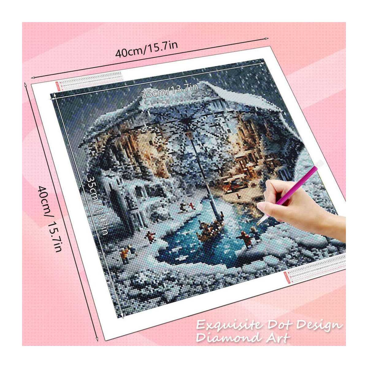 HUACAN 5D Diamantmalerei Winter Landschaft mit Regenschirm, rundes Diamant Mosaik Set in Mehrfarbig zur Wanddekoration - Bild 2