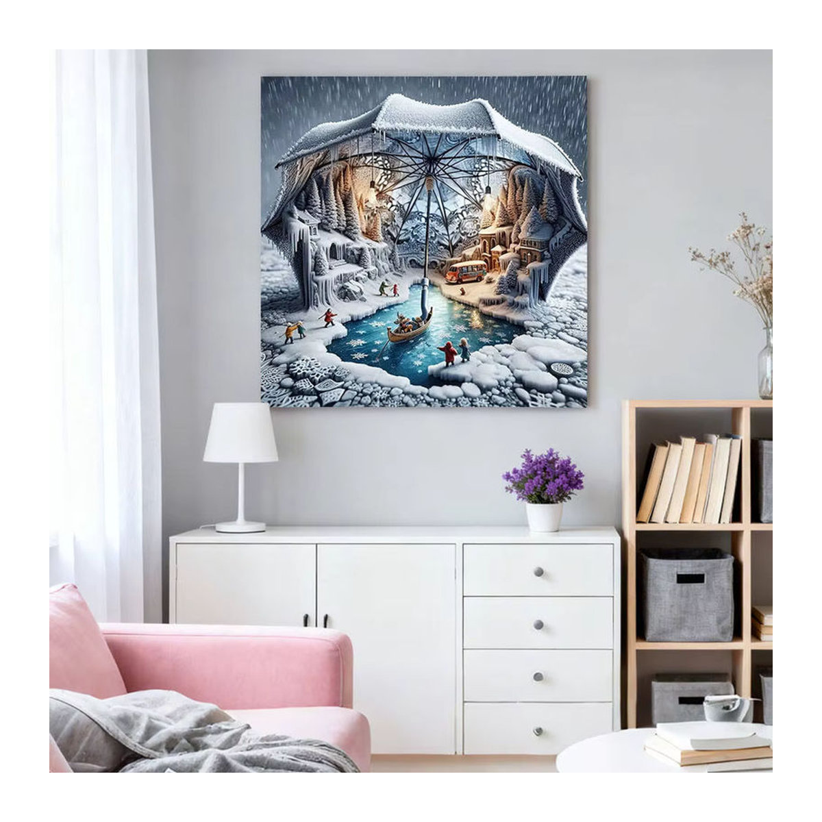 HUACAN 5D Diamantmalerei Winter Landschaft mit Regenschirm, rundes Diamant Mosaik Set in Mehrfarbig zur Wanddekoration - Bild 3