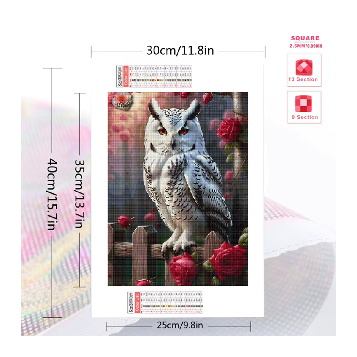 Huacan 5D DIY Diamantmalerei Eule mit Rosen als Mosaik-Bild in Mehrfarbig zur Wandmontage - Bild 2