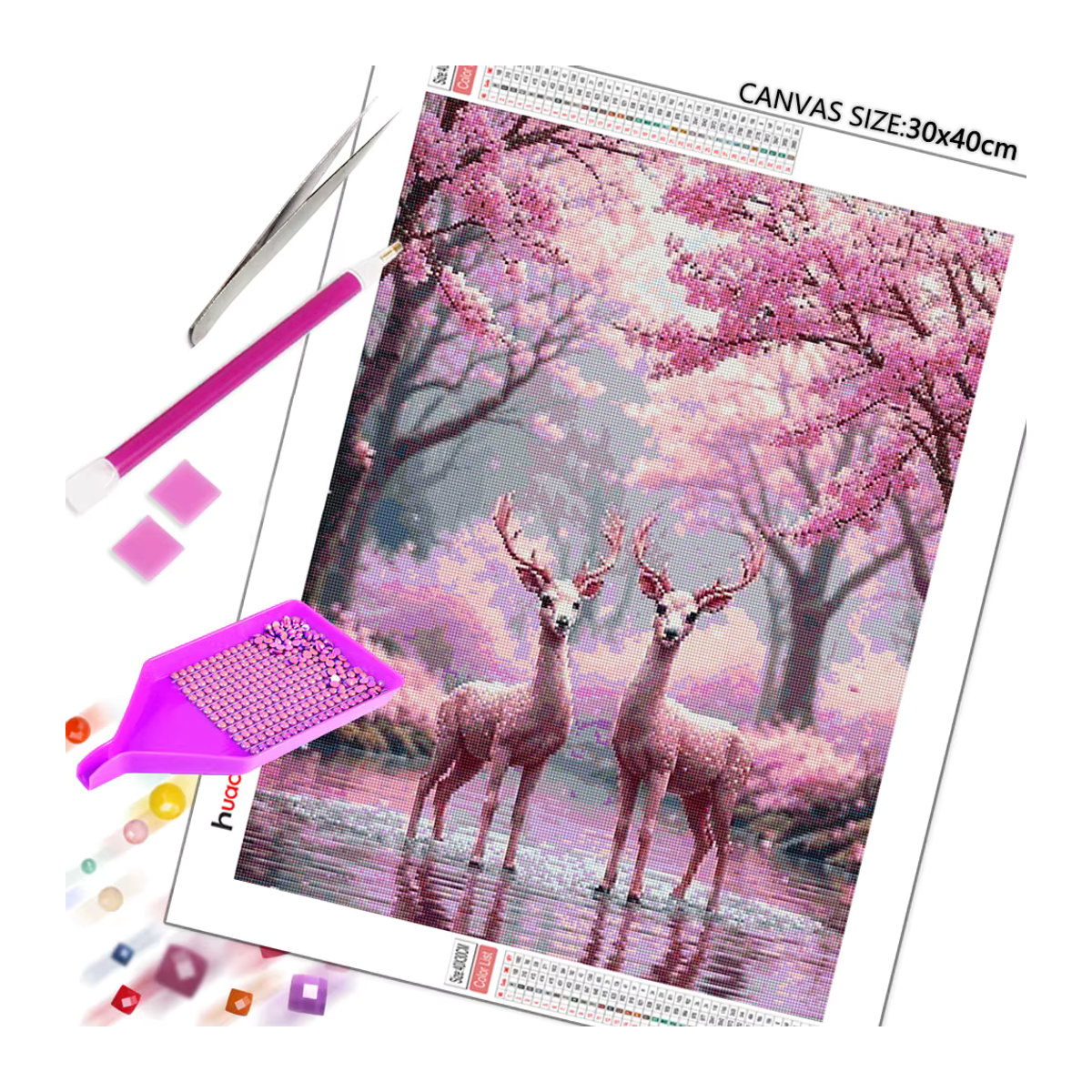 Huacan 5D DIY Diamantmalerei Sikahirsch mit Blumen in Rosa, dekoratives Diamantmosaik Tier Landschaft Set - Bild 2