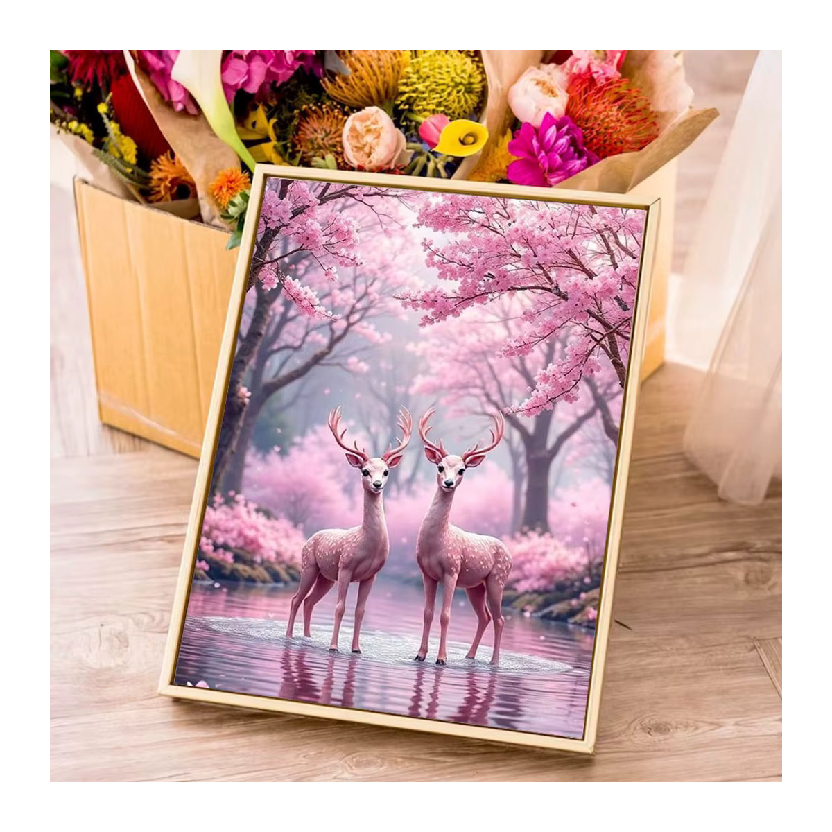 Huacan 5D DIY Diamantmalerei Sikahirsch mit Blumen in Rosa, dekoratives Diamantmosaik Tier Landschaft Set - Bild 3