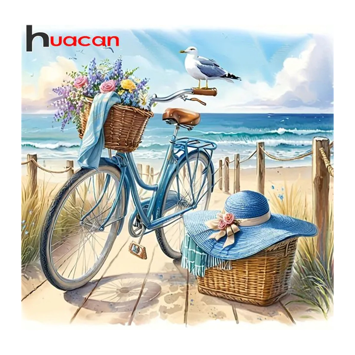 Huacan 5D DIY Diamantmalerei Strand Landschaft mit Fahrrad und Möwen als Wanddekoration in Mehrfarbig - Bild 1