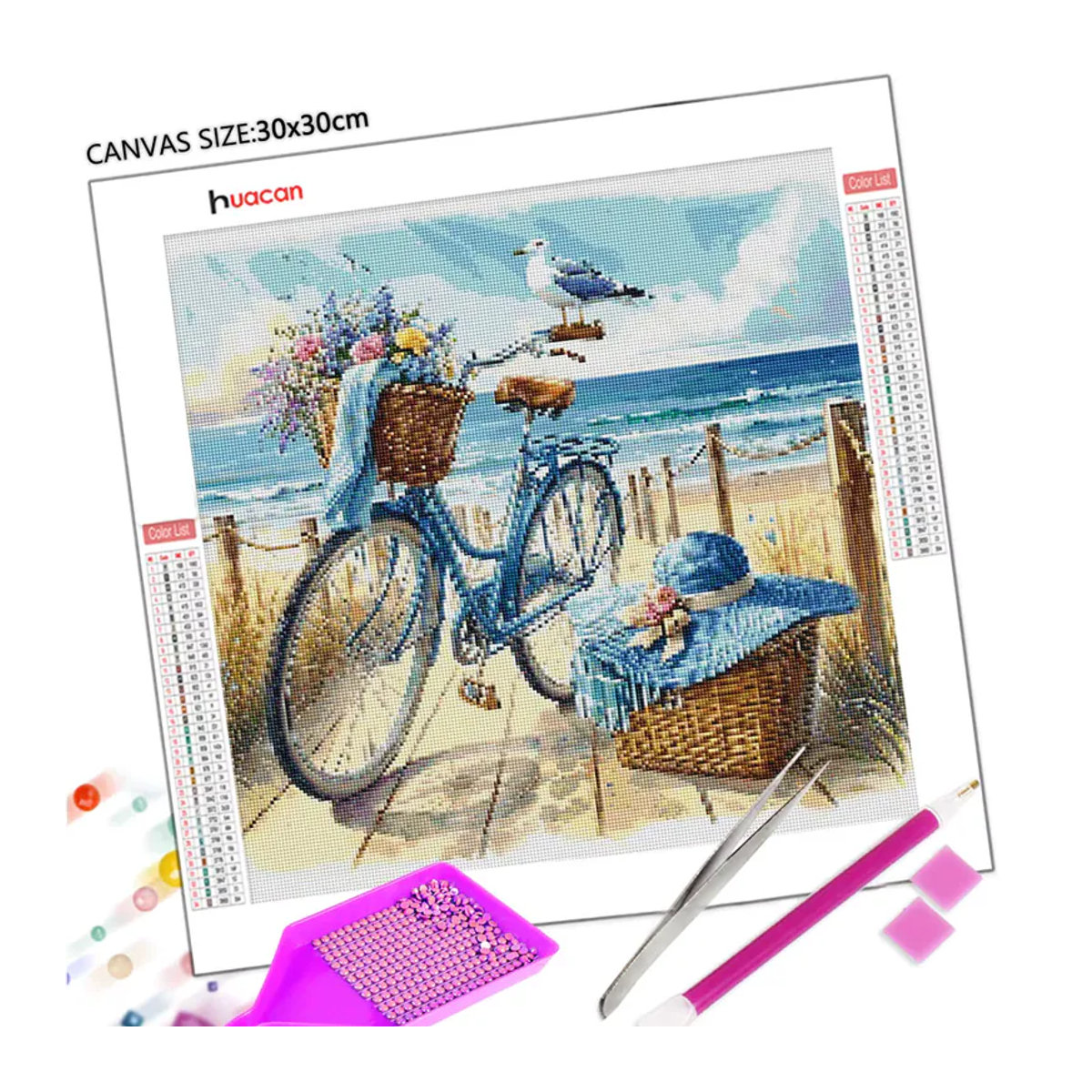 Huacan 5D DIY Diamantmalerei Strand Landschaft mit Fahrrad und Möwen als Wanddekoration in Mehrfarbig - Bild 2