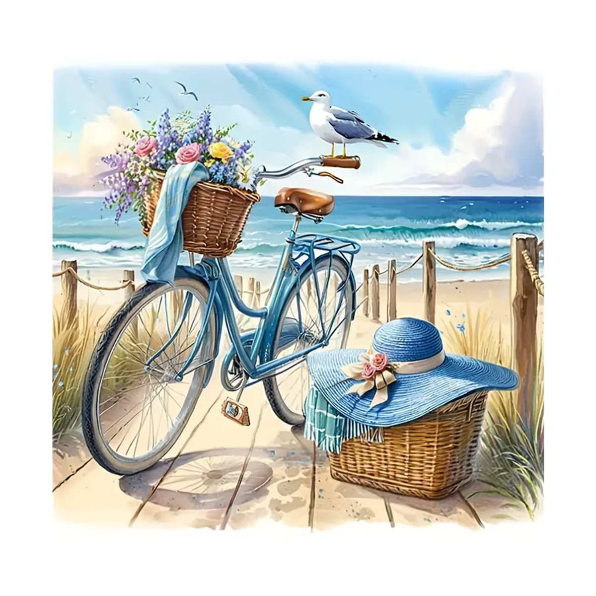 Huacan 5D DIY Diamantmalerei Strand Landschaft mit Fahrrad und Möwen als Wanddekoration in Mehrfarbig - Bild 4