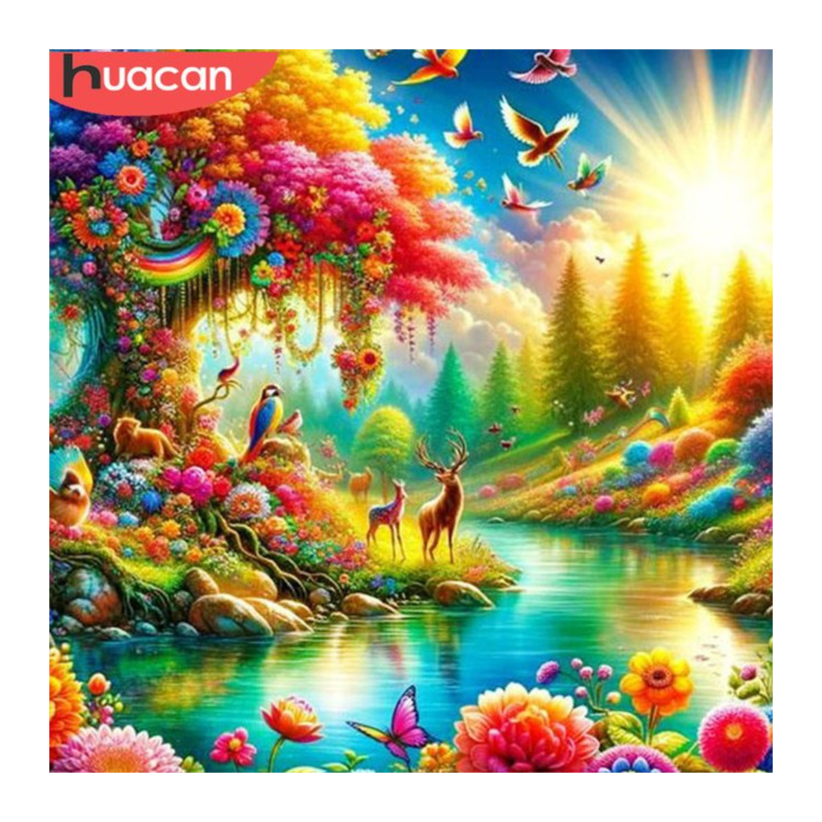 HUACAN 5D Kristall Diamant Malerei Landschaft mit Tier und Blumen, mehrfarbig, quadratisch, rahmenlos - Bild 1