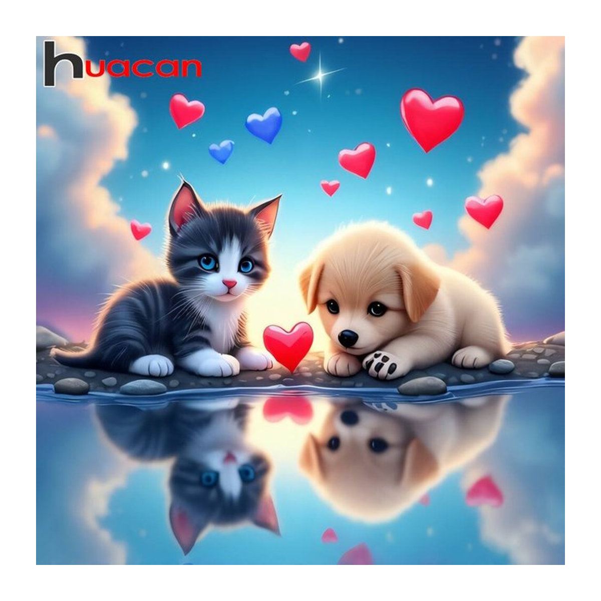 Huacan Diamant-Gemälde 5D Tier-Mosaik-Set mit Katzen und Hunden in mehrfarbigem Design, quadratisch - Bild 1