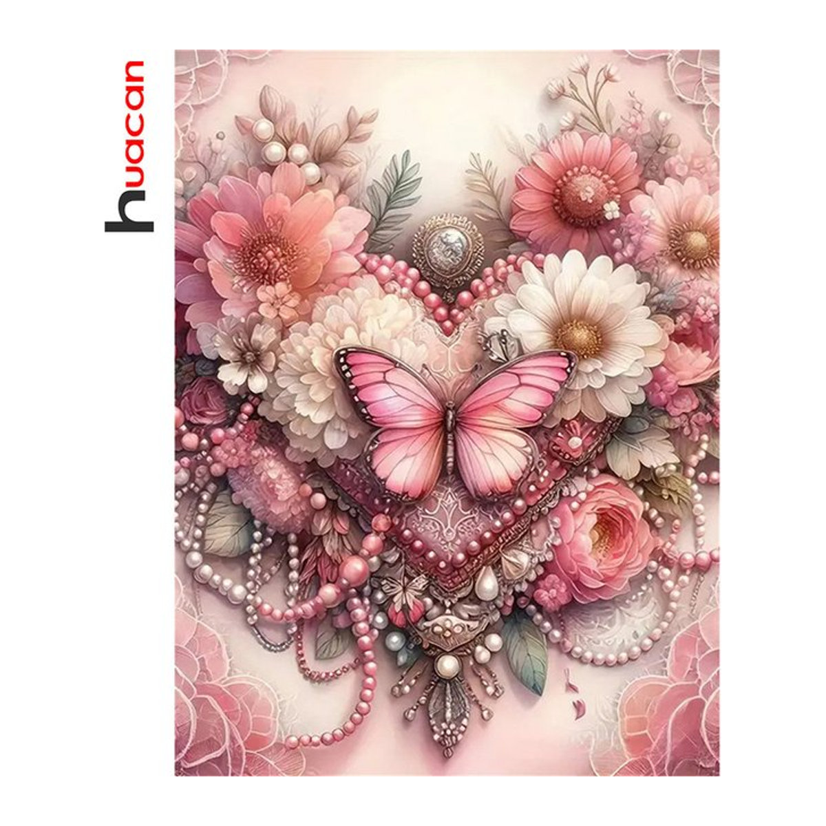 Huacan Diamant-Gemälde mit Rose und Schmetterling in Rosa, handgefertigtes Mosaik-Strass-Bild mit runden Steinen zur Wanddekoration - Bild 1