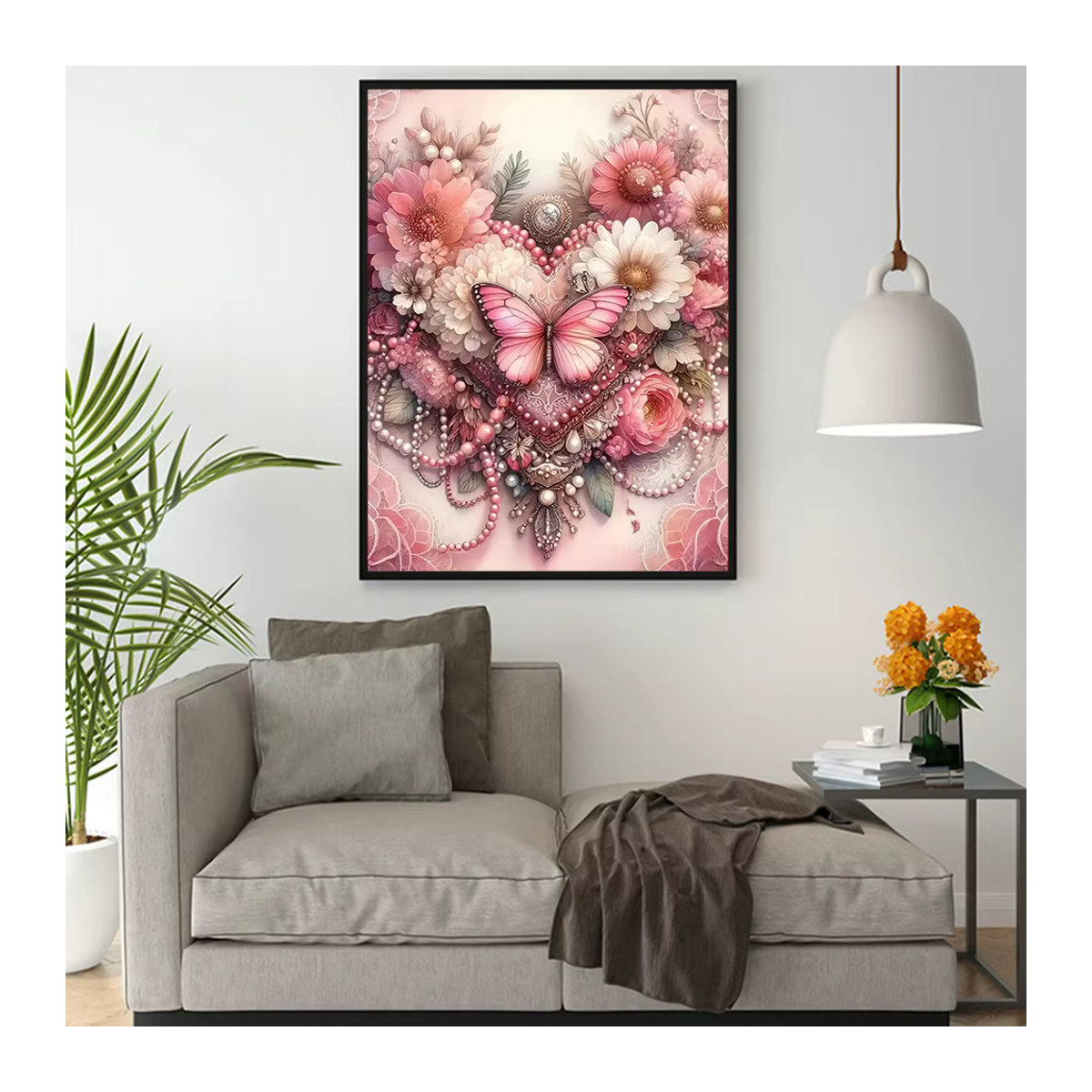 Huacan Diamant-Gemälde mit Rose und Schmetterling in Rosa, handgefertigtes Mosaik-Strass-Bild mit runden Steinen zur Wanddekoration - Bild 3