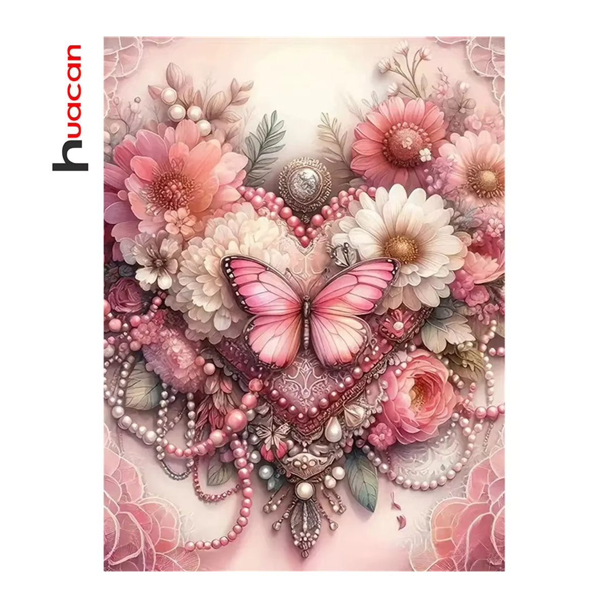 Huacan Diamant-Gemälde mit Rose und Schmetterling in Rosa, handgefertigtes Mosaik-Strass-Bild mit runden Steinen zur Wanddekoration - Bild 4