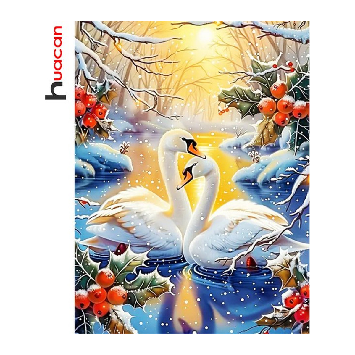 Huacan Diamant-Gemälde Schwan Winterlandschaft Bastelset als rundes Mosaik in Mehrfarbig - Bild 1