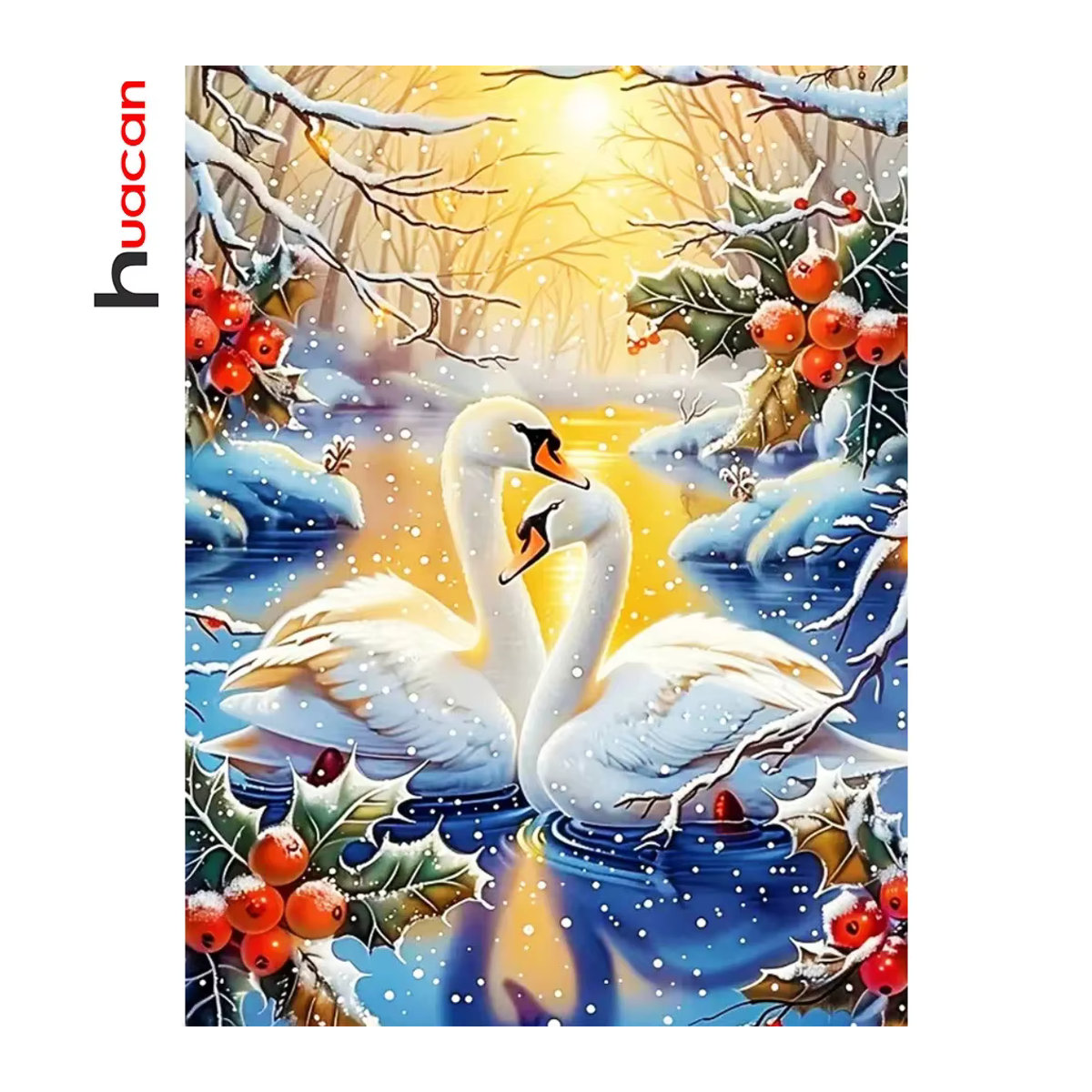 Huacan Diamant-Gemälde Schwan Winterlandschaft Bastelset als rundes Mosaik in Mehrfarbig - Bild 4