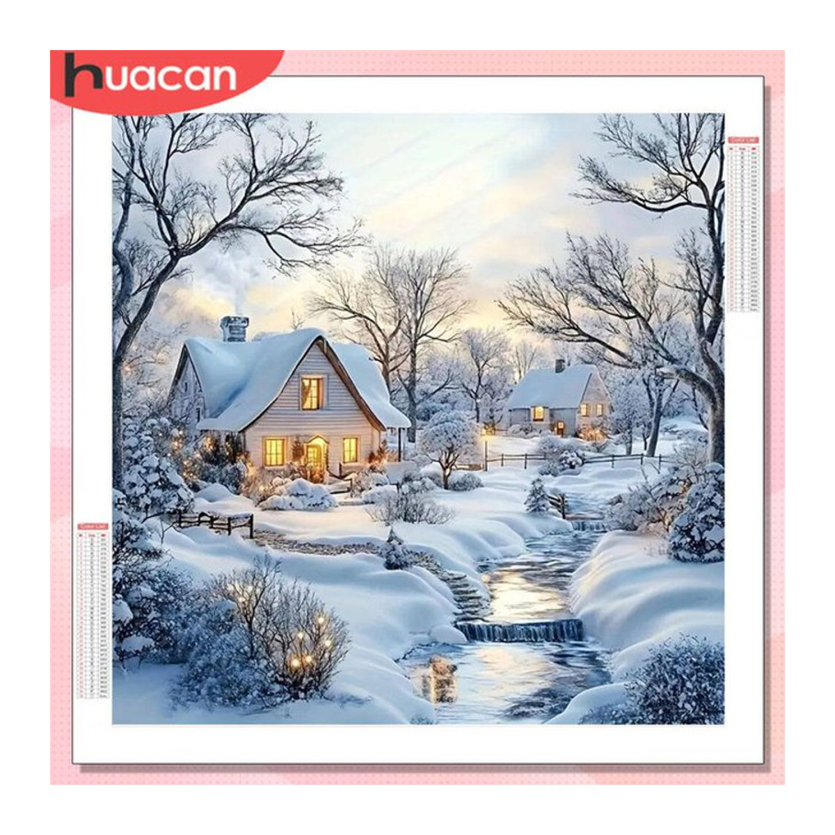 HUACAN Diamant-Gemälde Winterhaus Landschaft mit runden Bohrern als Wanddekoration in Weiß - Bild 1