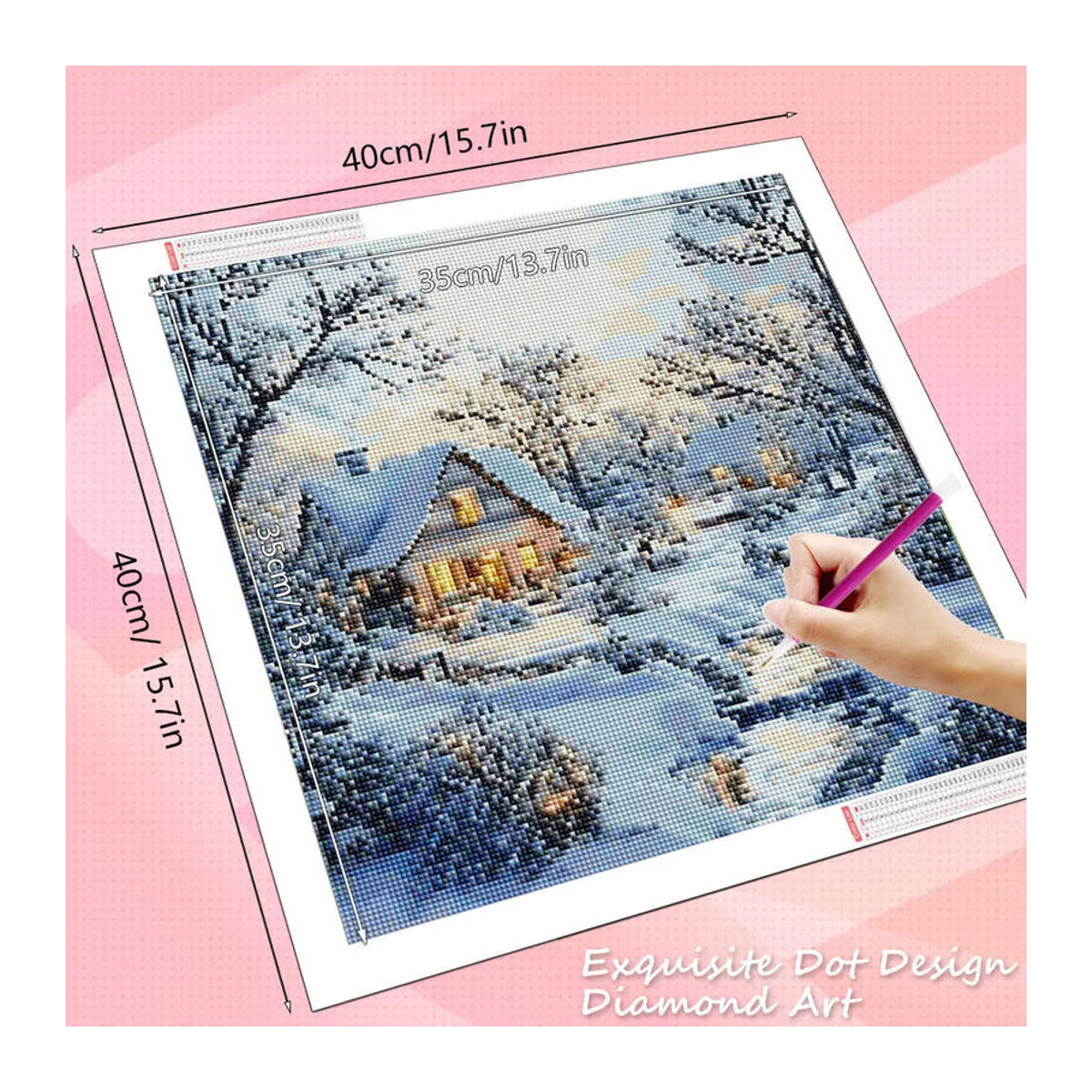 HUACAN Diamant-Gemälde Winterhaus Landschaft mit runden Bohrern als Wanddekoration in Weiß - Bild 2