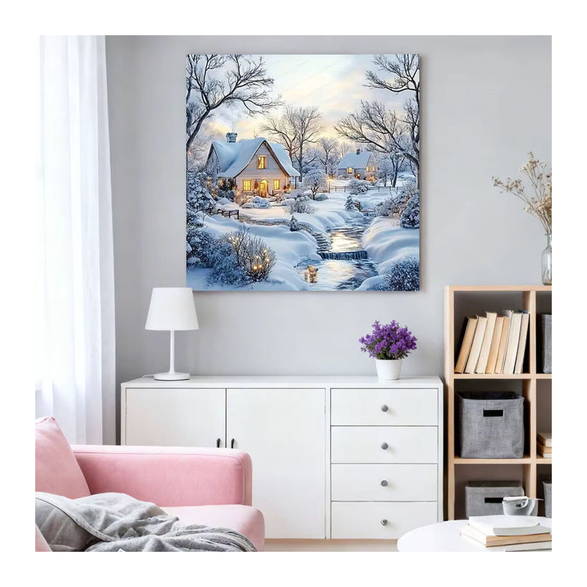 HUACAN Diamant-Gemälde Winterhaus Landschaft mit runden Bohrern als Wanddekoration in Weiß - Bild 3