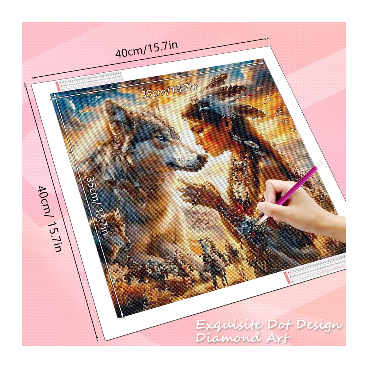 HUACAN Diamant-Kunstgemälde Indische Frau mit Wolf Porträt als handgefertigtes Mosaik in mehrfarbigem Bohemian-Stil zur Wandmontage - Bild 2
