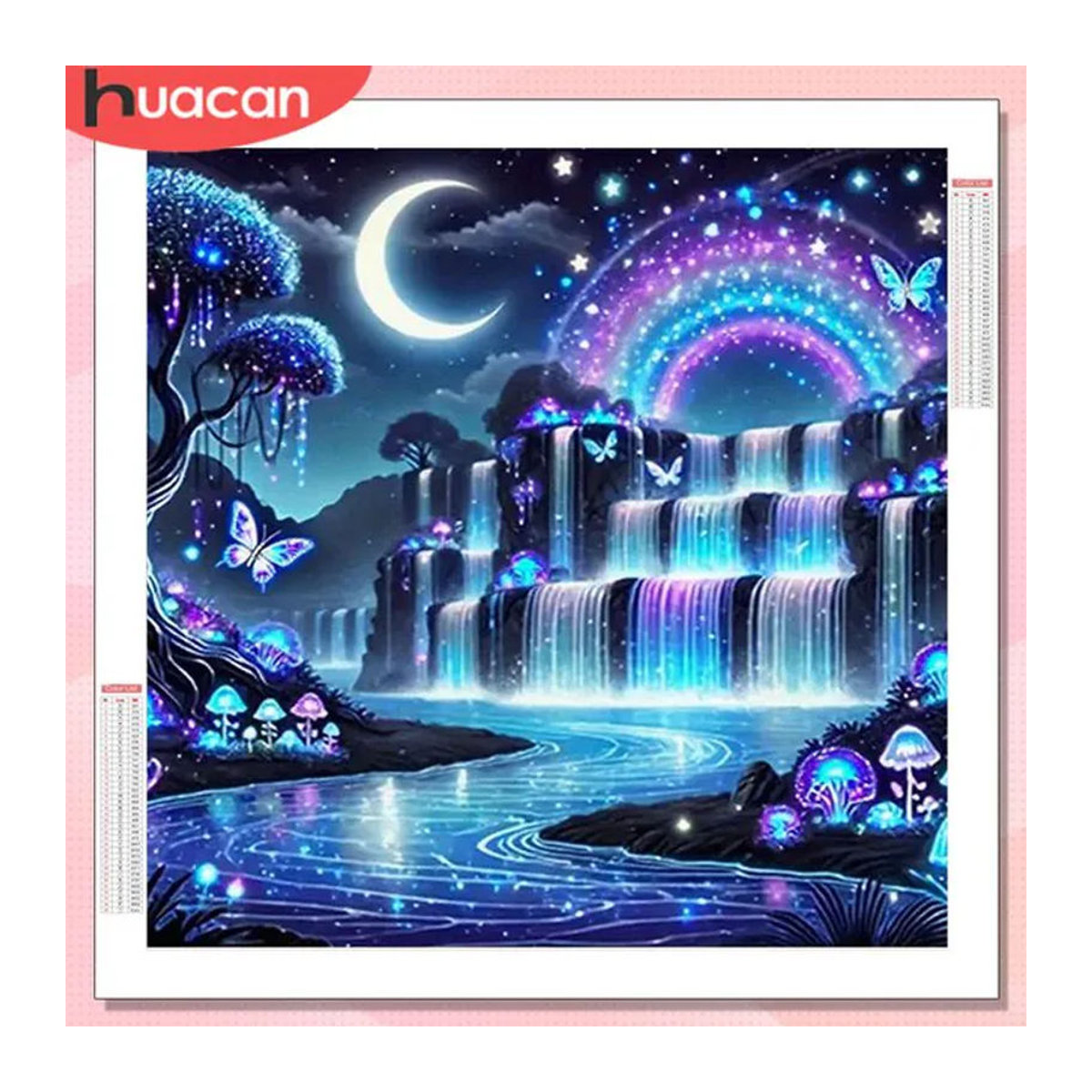 HUACAN Diamant-Kunstgemälde Nachtlandschaft mit Wasserfall als rundes Diamant-Mosaik-Set in Blau zur Wanddekoration für Erwachsene - Bild 1