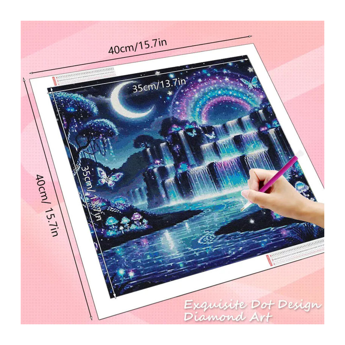 HUACAN Diamant-Kunstgemälde Nachtlandschaft mit Wasserfall als rundes Diamant-Mosaik-Set in Blau zur Wanddekoration für Erwachsene - Bild 2