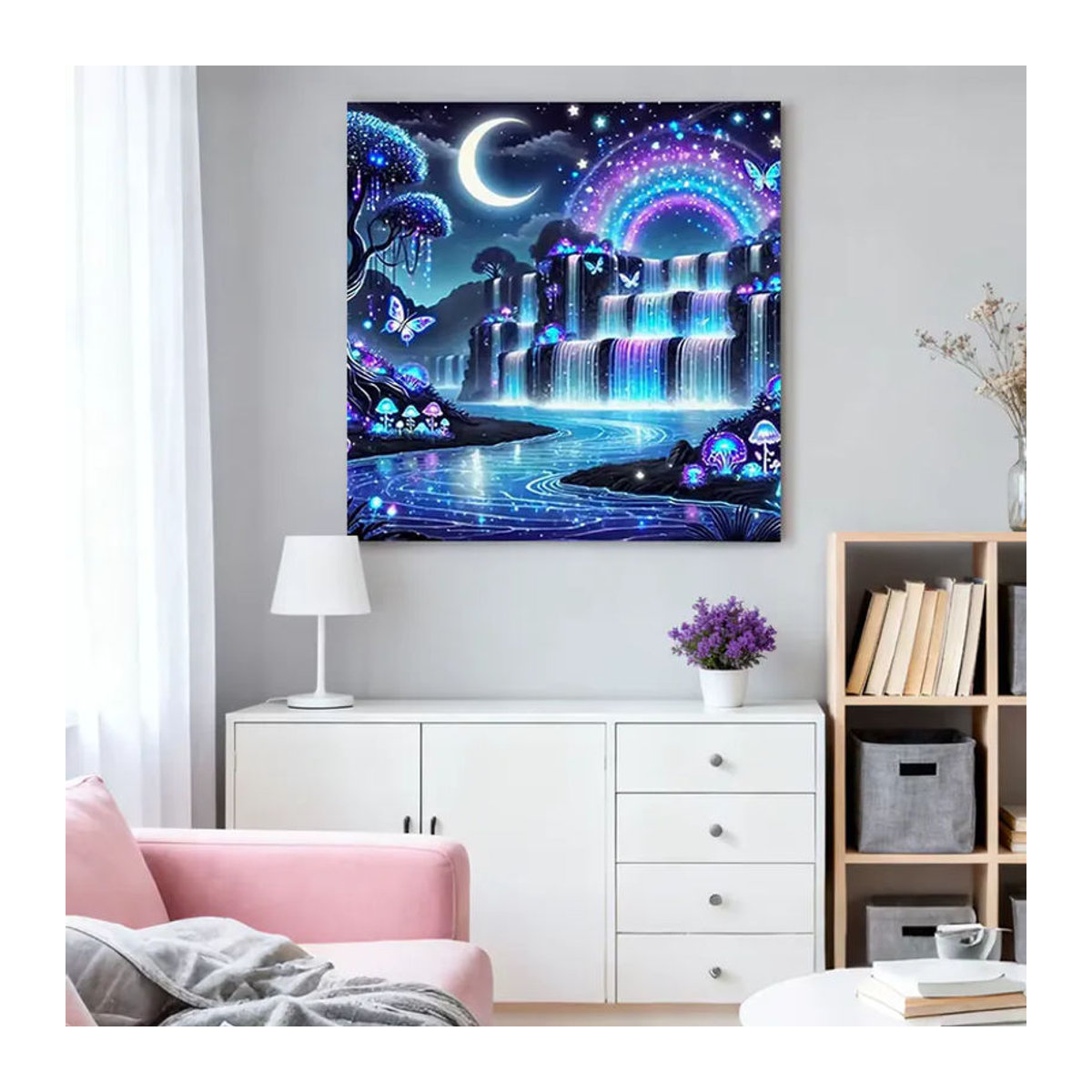 HUACAN Diamant-Kunstgemälde Nachtlandschaft mit Wasserfall als rundes Diamant-Mosaik-Set in Blau zur Wanddekoration für Erwachsene - Bild 3