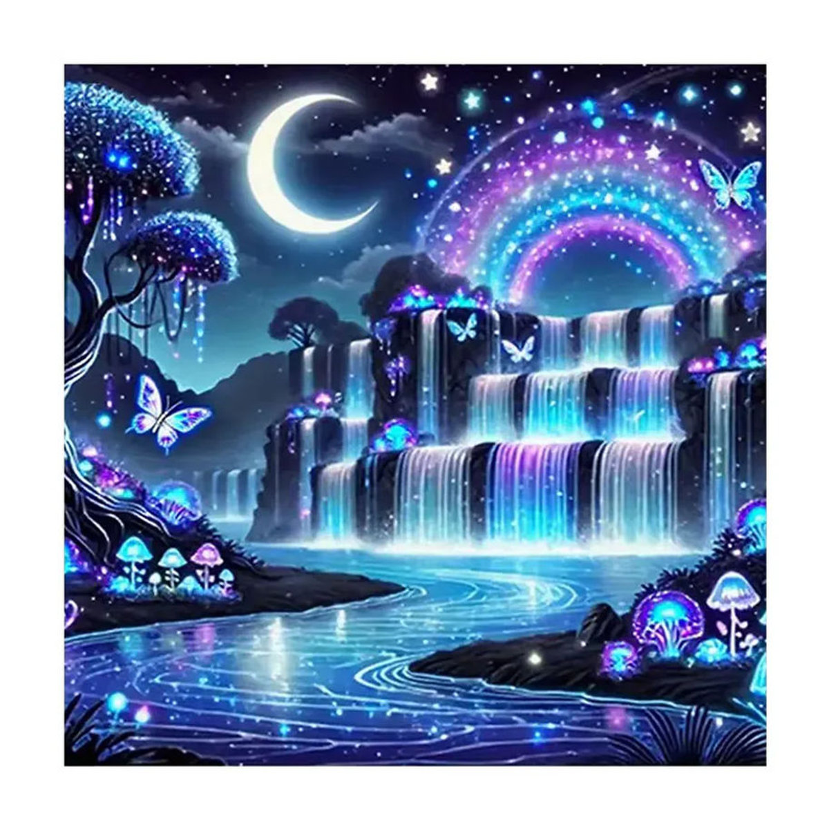 HUACAN Diamant-Kunstgemälde Nachtlandschaft mit Wasserfall als rundes Diamant-Mosaik-Set in Blau zur Wanddekoration für Erwachsene - Bild 5