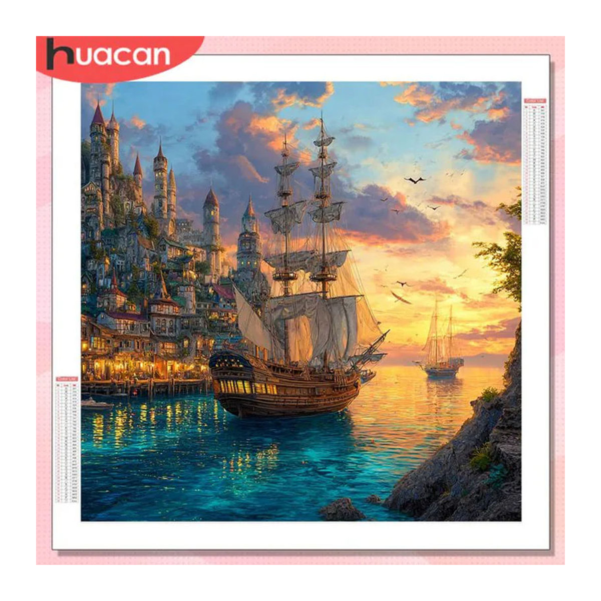 HUACAN Diamant-Kunstgemälde Segelboot-Landschaft als kreatives Meeresmotiv Mosaik-Set in Mehrfarbig zur Wanddekoration - Bild 1