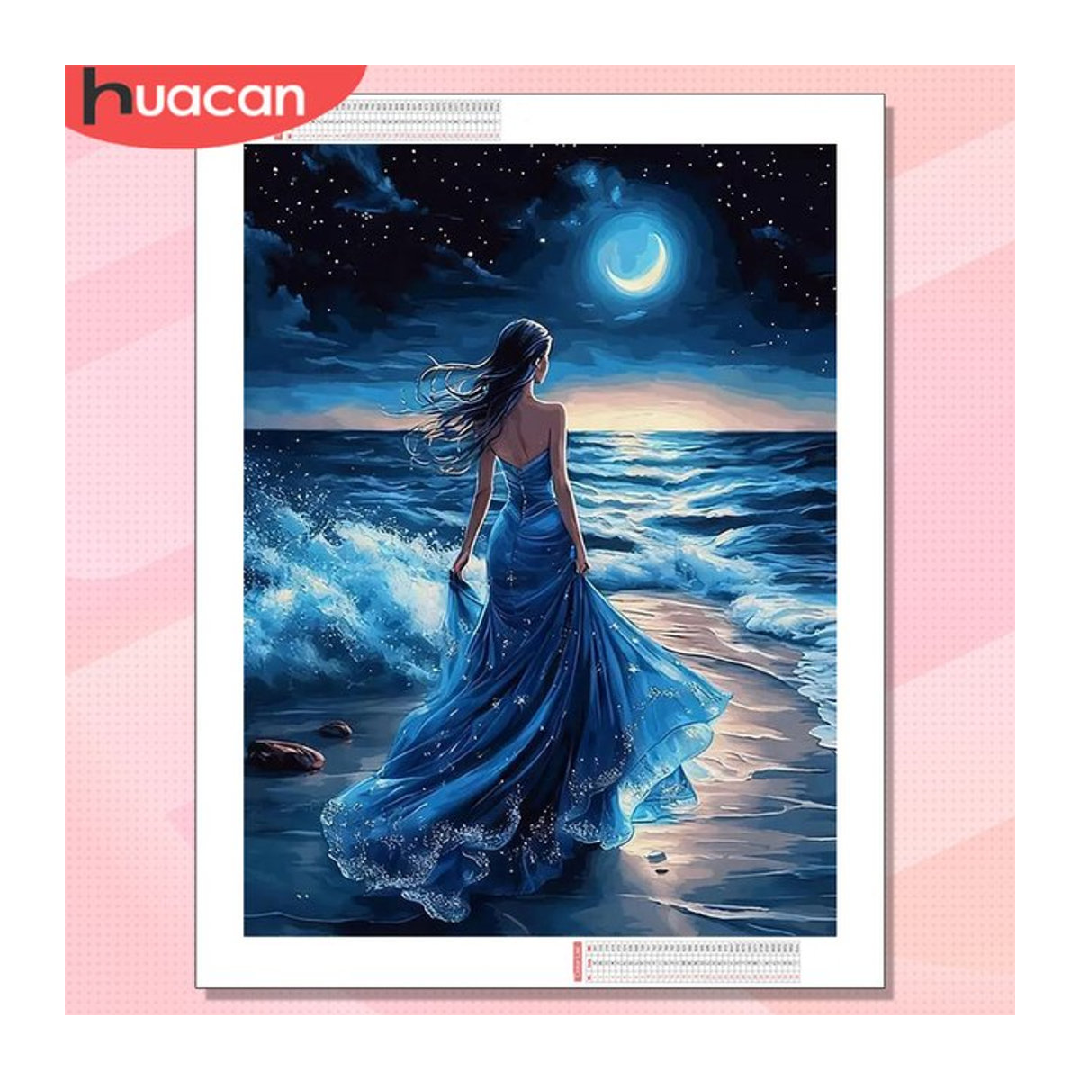 HUACAN Diamant-Kunstmalerei 5D Mädchen-Frauenporträt Mosaik-Set mit blauen Strass-Steinen und runden Perlen in maritimem Strandlandschaft-Design - Bild 1