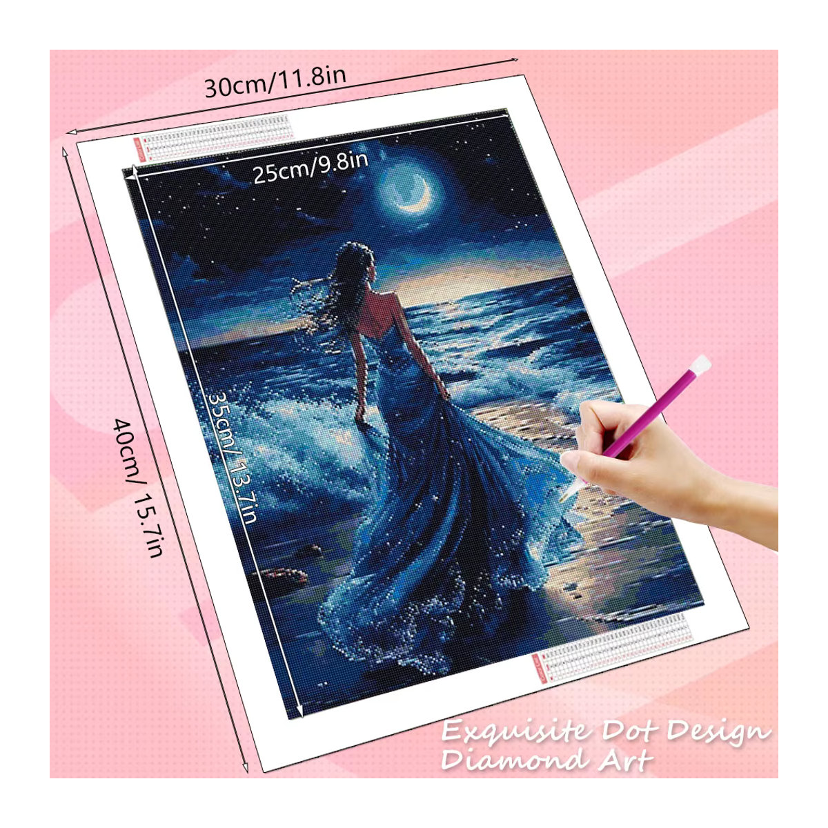 HUACAN Diamant-Kunstmalerei 5D Mädchen-Frauenporträt Mosaik-Set mit blauen Strass-Steinen und runden Perlen in maritimem Strandlandschaft-Design - Bild 2